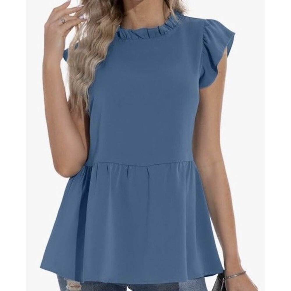 New PrinStory Womens Ruffle Short Sleeve Casual Top Blue Size Small